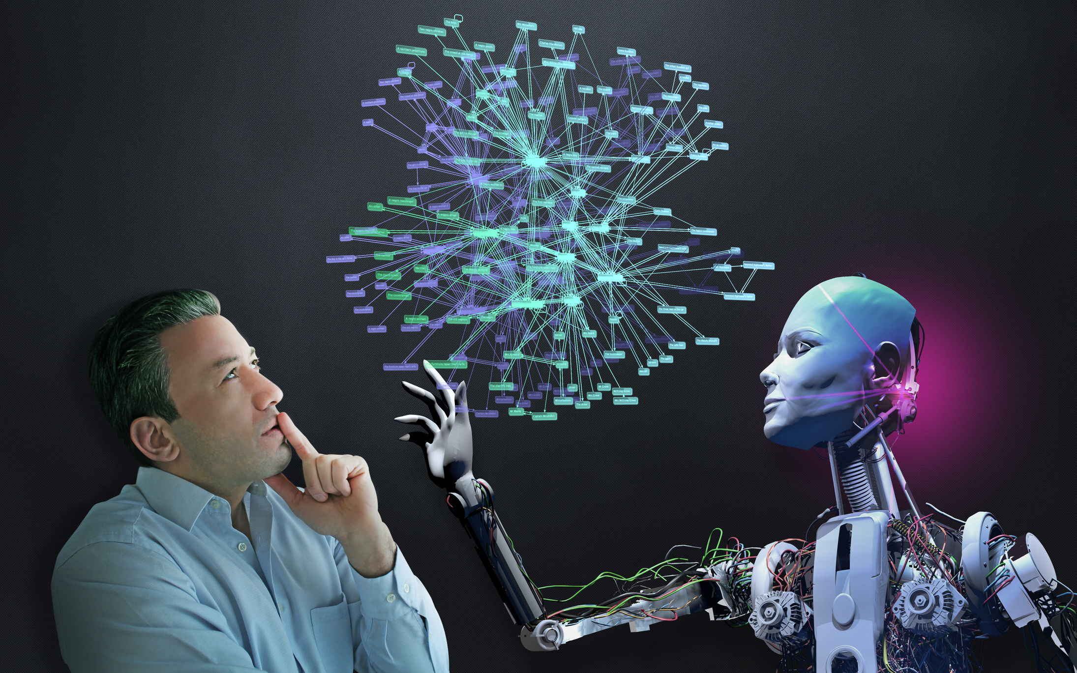 Human and robots to work together in the near future. This combination will accelerate developing technology. Businessman and cyborg organizes social media.